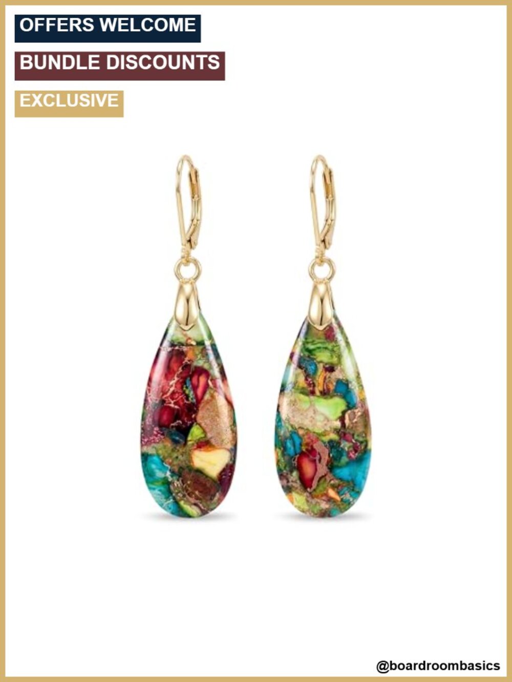 Teardrop Stone Leverback Dangle Drop Earrings Statement Gold